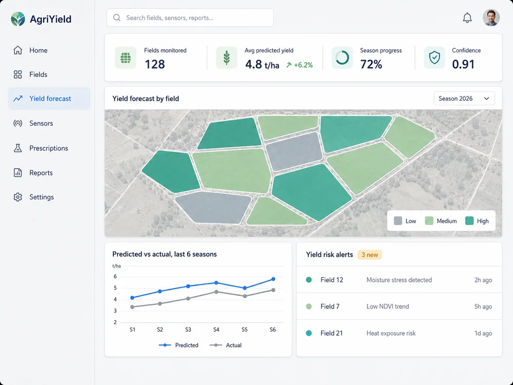 Yield prediction SaaS dashboard showing a field map with yield zones, a forecast chart, and a risk alerts panel