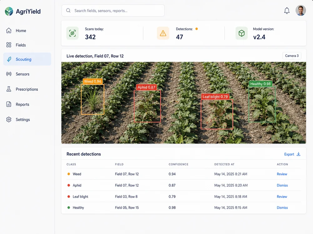 AI vision detection screen showing bounding boxes on a crop image with classifications for weed, aphid, leaf blight, and healthy