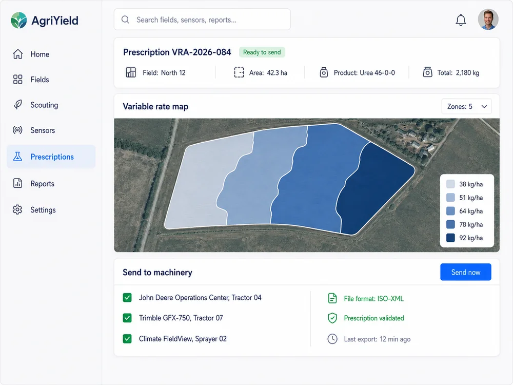 Variable rate prescription screen showing a zoned field map and an export panel with John Deere Operations Center, Trimble, and Climate FieldView destinations