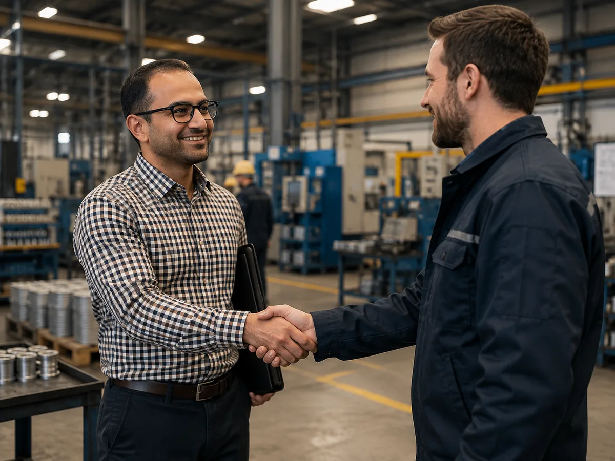 Engineers reviewing production data on the manufacturing floor