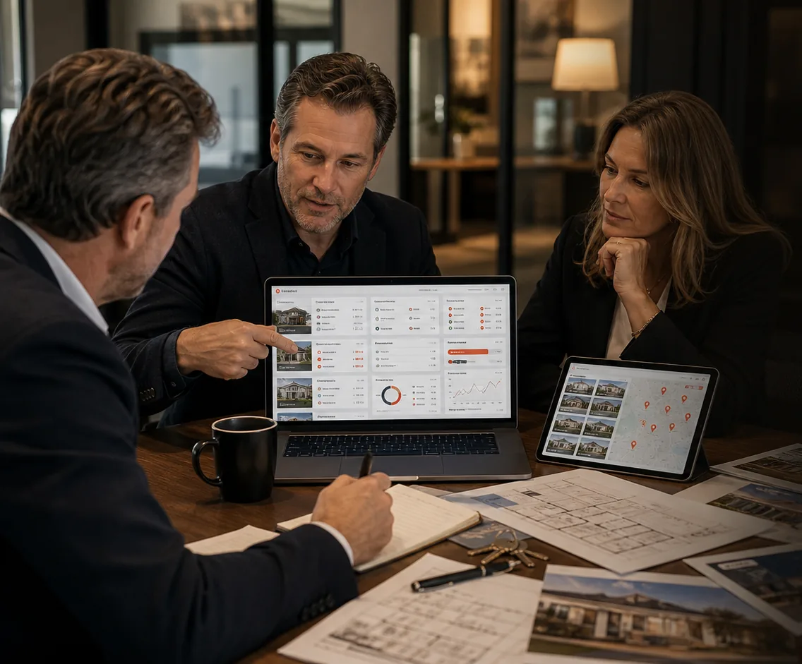 Clixlogix real estate delivery team reviewing a property platform and demand dashboards