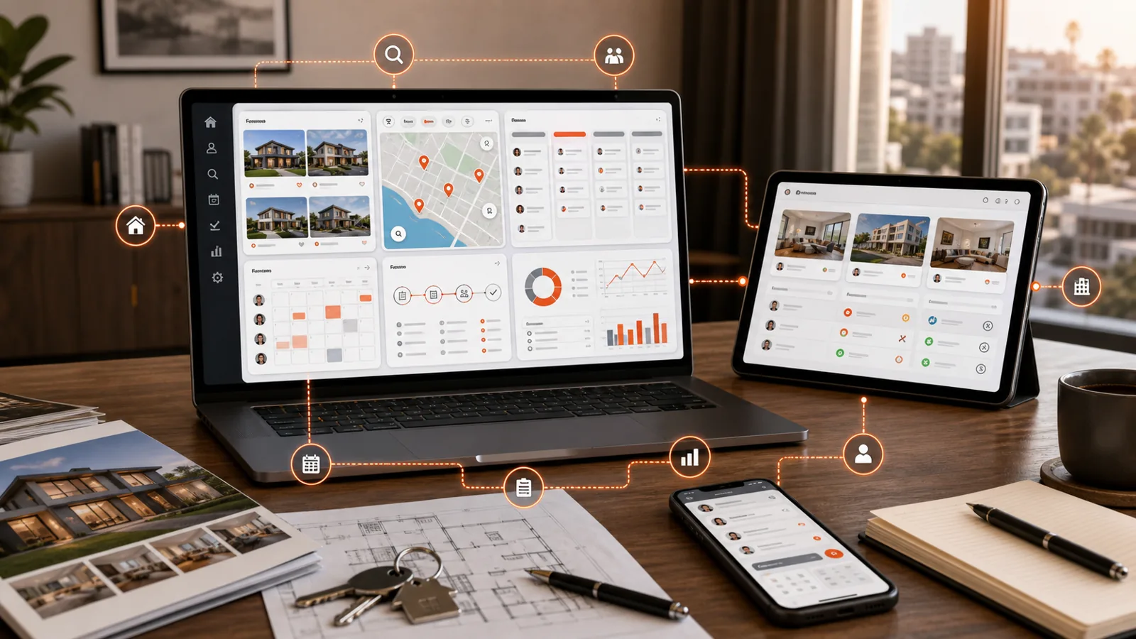 Real estate platform dashboard with listings, CRM, lead routing, MLS and IDX sync, payments, maintenance, and analytics modules