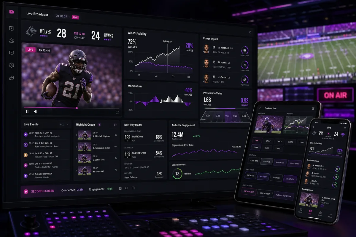 Broadcast overlay showing live win probability and stat graphics on a match frame