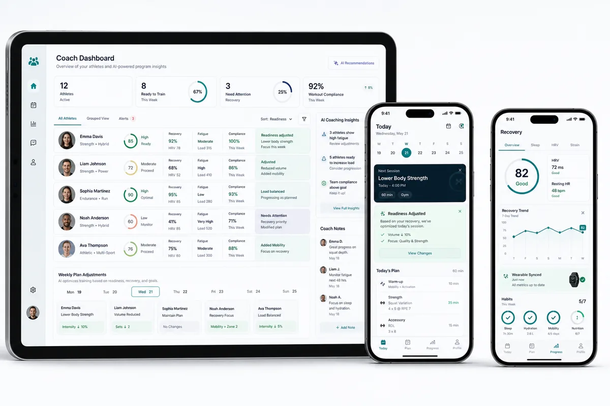 Coaching app screen where the next workout adapts to wearable recovery and performance data