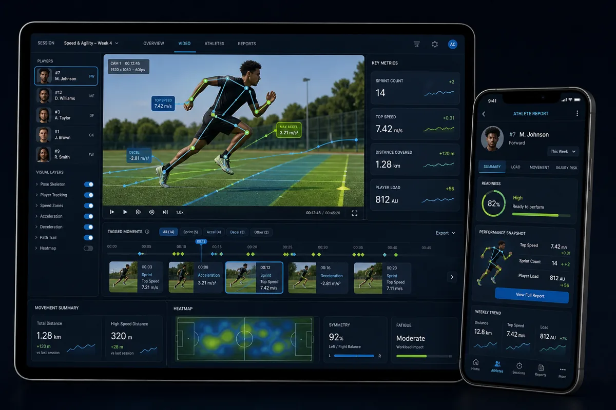 Computer vision screen showing skeletal pose tracking and player position markers on an athlete