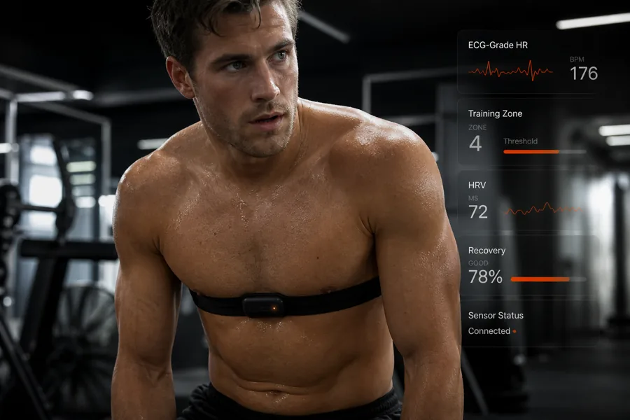 Chest strap heart rate monitor worn on the torso