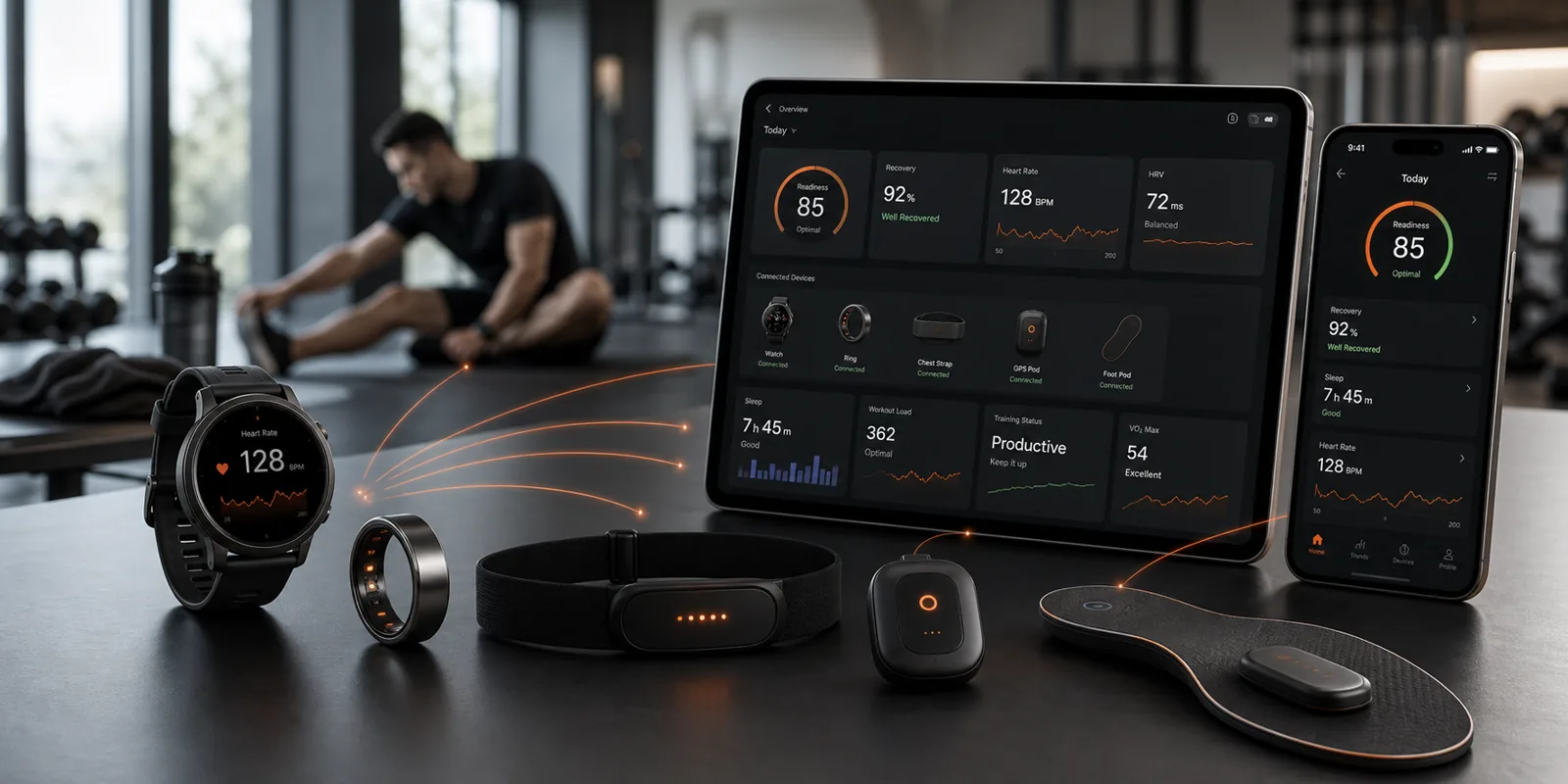 A connected athlete in motion with wearable sensor points highlighted and a faint performance data overlay