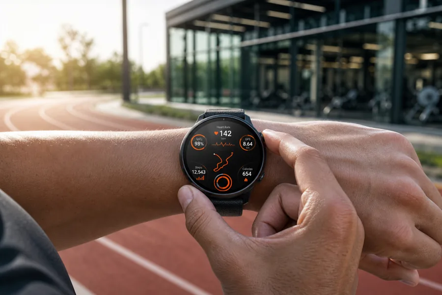 Smartwatch or fitness band on a wrist showing heart rate and activity