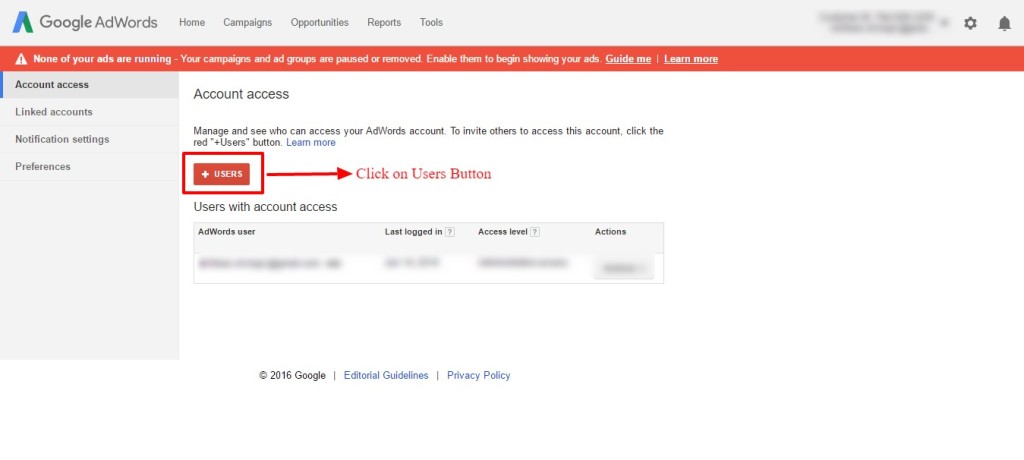 users button adwords setting