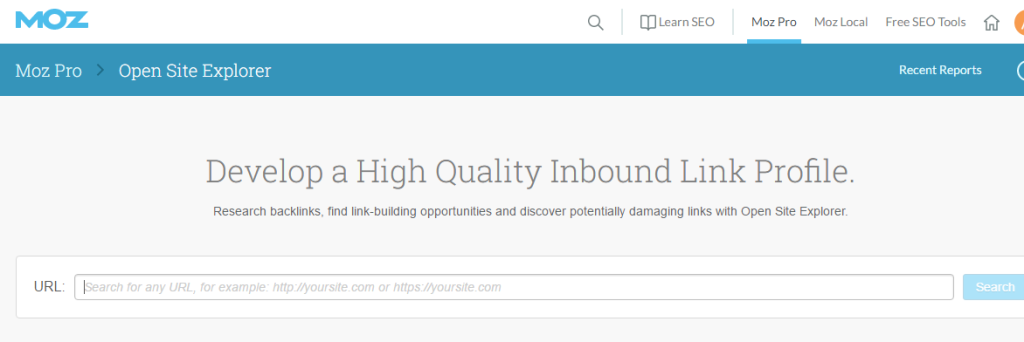 The interface of open site explorer tool by Moz