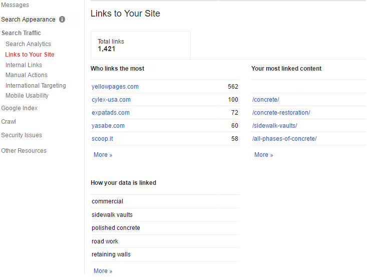 An interface of Google webmaster showing internal links