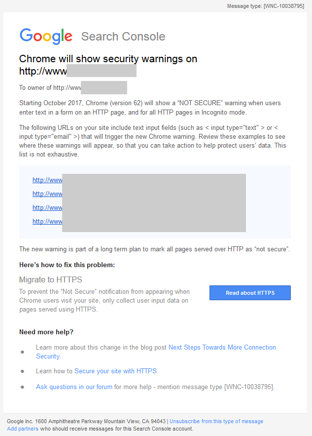 Security Warning Message by Google asking to switch to HTTPS
