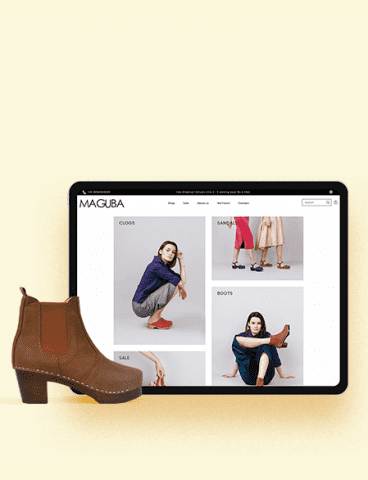 Maguba Website product page with brown clogs