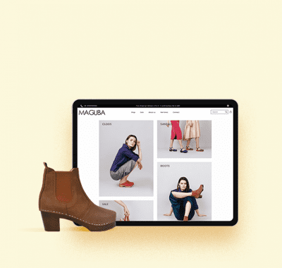 Maguba Website product page with brown clogs