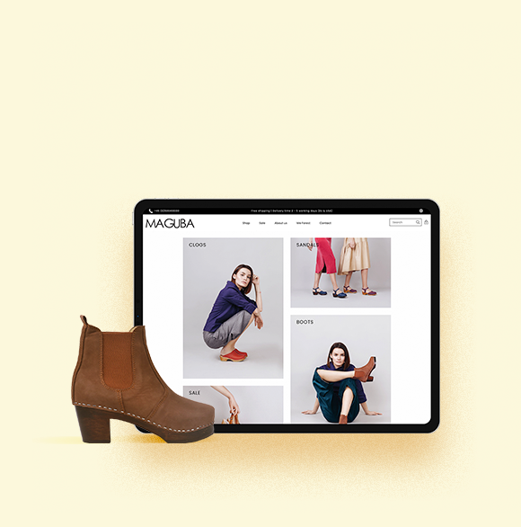 Maguba Website product page with brown clogs