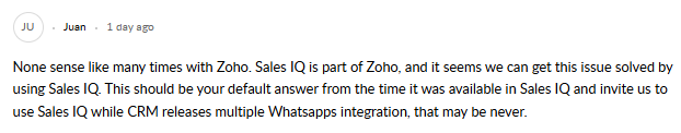 Comment on Zoho help by Juan regarding Zoho CRM and WhatsApp multiple number integration