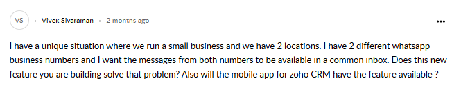 Comment on Zoho help by Vivek regarding Zoho CRM and WhatsApp multiple number integration