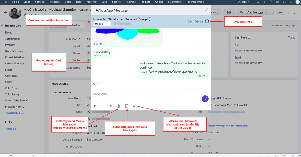 WhatsApp message sending dashboard in Gupshup