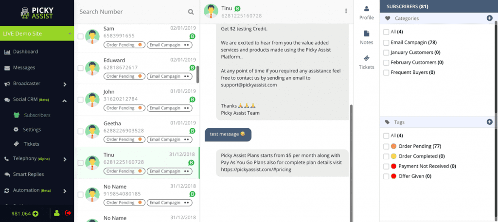 Picky Assist dashboard screenshot