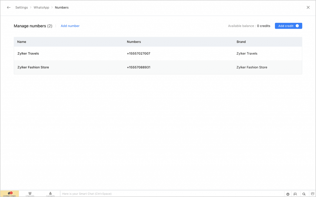 Screenshot of Zoho SalesIQ that supports multiple WhatsApp number integration