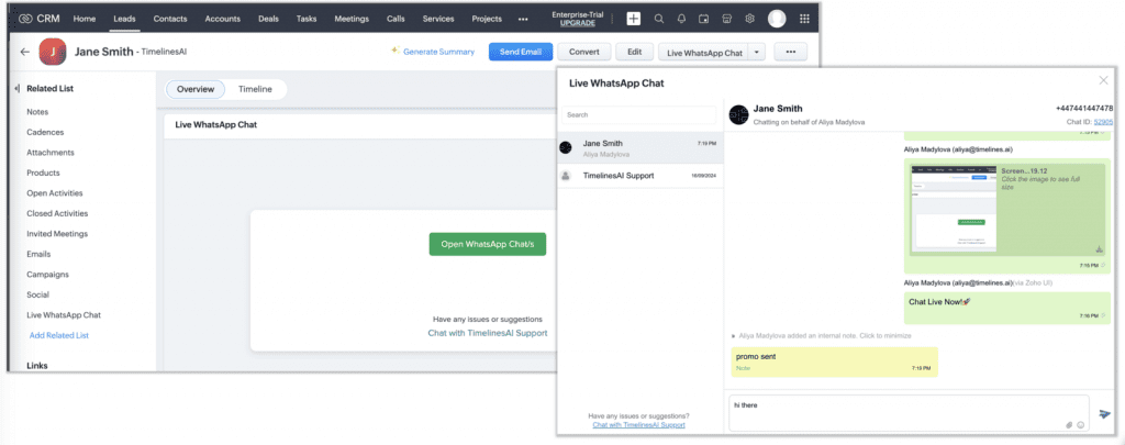 Timelines AI dashboard screen and multiple WhatsApp integration system