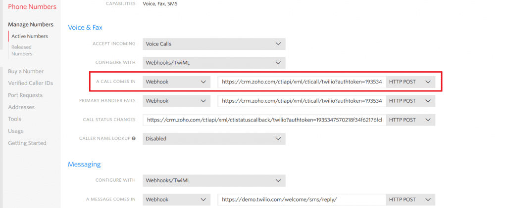 Twilio screenshot showing workaround of WhatsApp and Zoho CRM integration