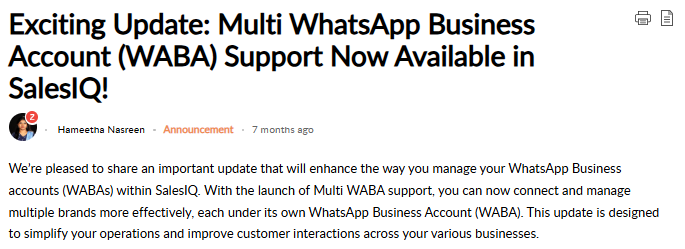 Update announcement by Zoho SalesIQ, regarding multiple whatsapp number integration