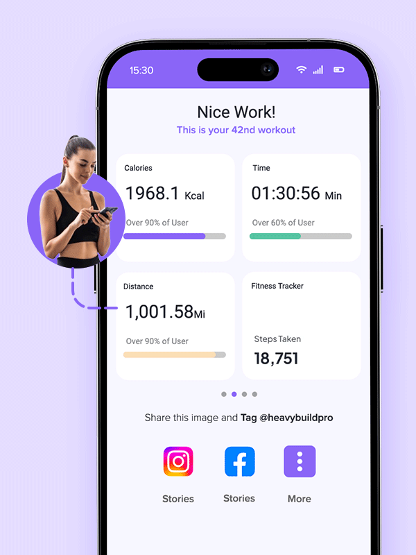 App screen showing detailed workout summaries with visual analytics
