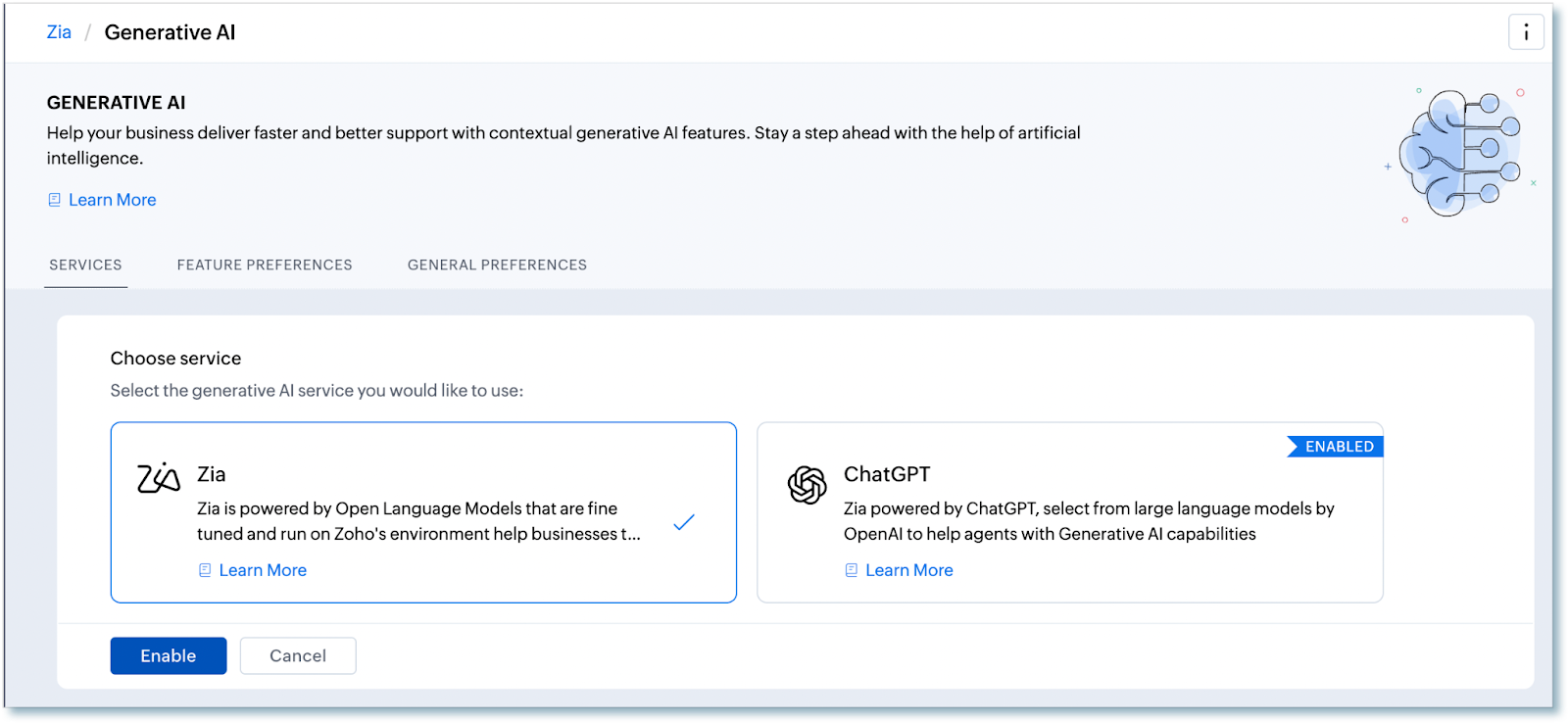Zoho Generative AI interface showing option to choose Zia or ChatGPT for contextual AI features inside Zoho