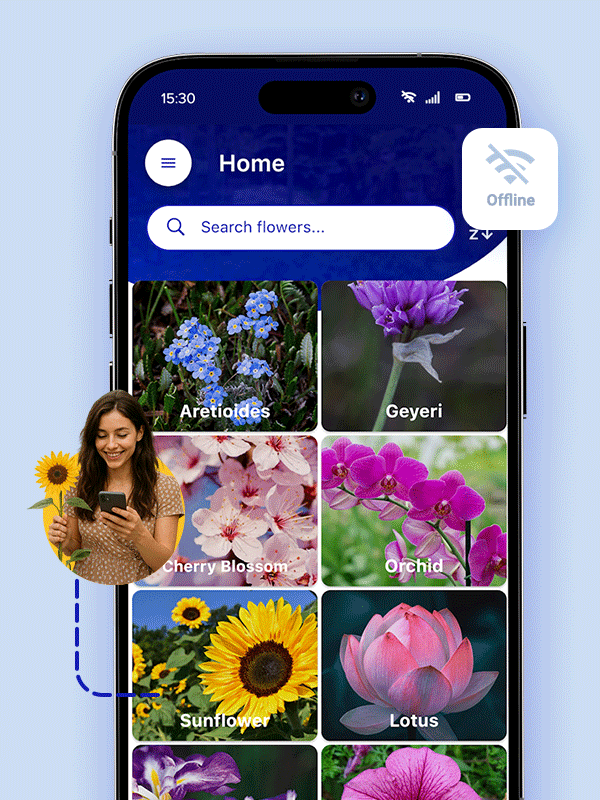 Offline plant catalog feature showing pre-downloaded flower profiles in the Alpine Gardens app