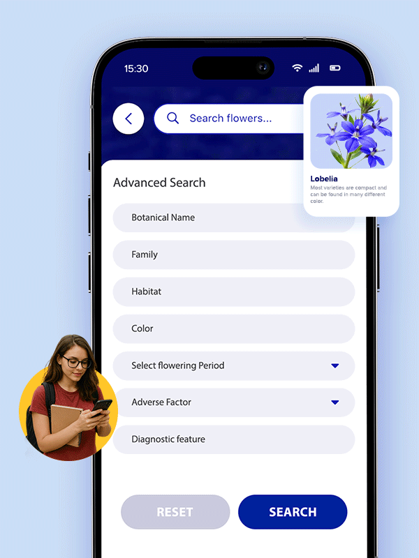 Advanced search screen showing plant filters by name, family, color, and season in the Plant ID app
