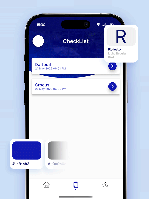Immersive app design showing plant checklist, Alpine Gardens colors, and Roboto typography