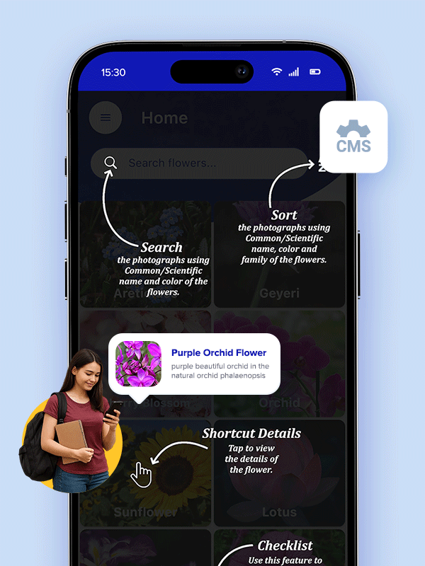 Future-ready app screen showing search, sort, and CMS integration for Alpine Gardens Plant ID app