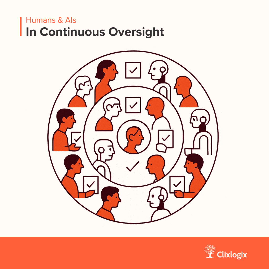 Minimalist concentric-circle illustration symbolizing mutual oversight between human agents and AI systems.