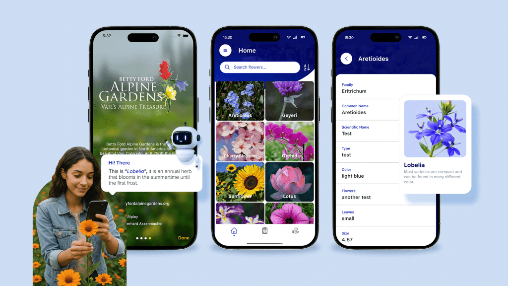 Plant ID app for Betty Ford Alpine Gardens showing flower catalog, species details, and user interaction