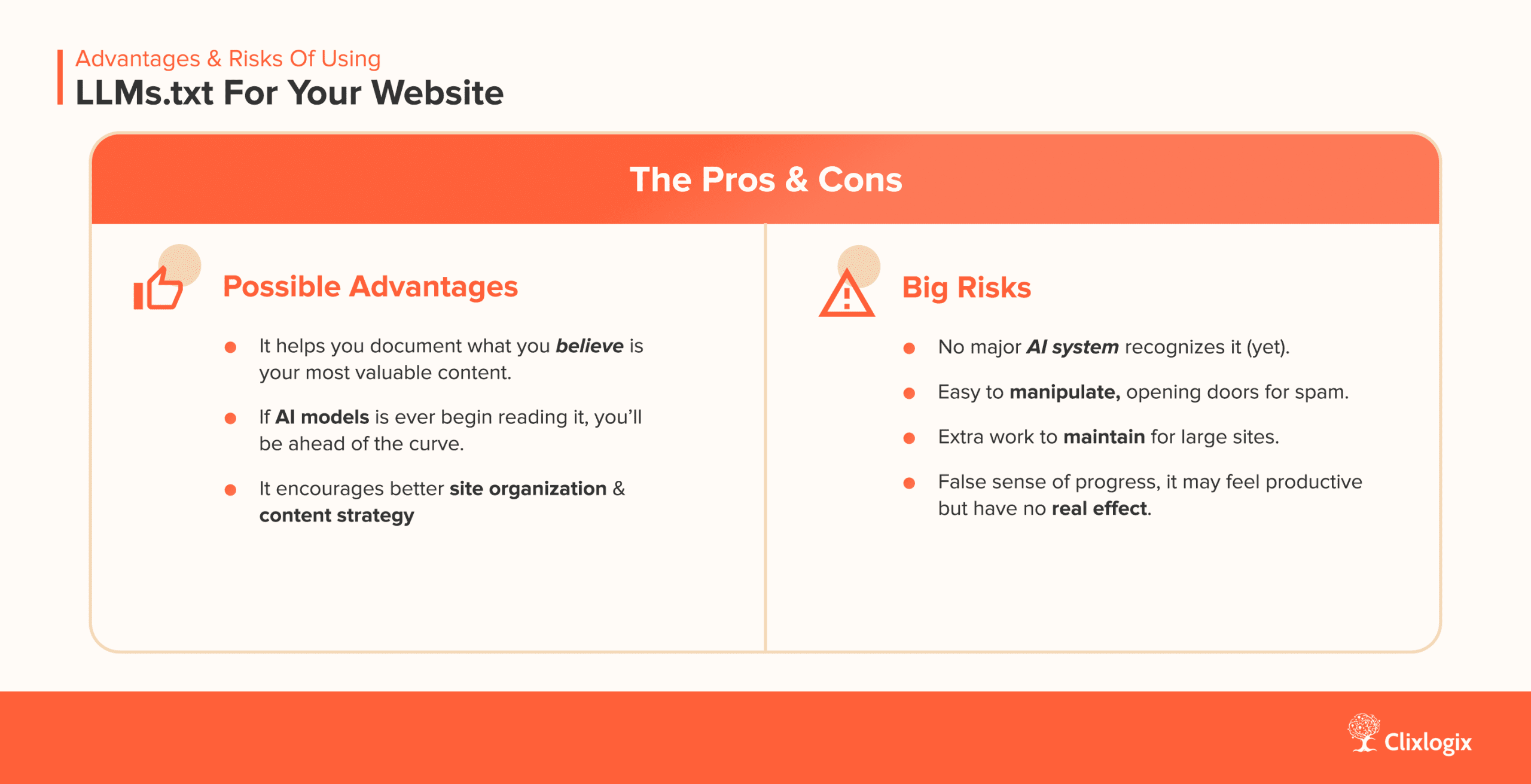 Infographic showing advantages and risks of using LLMs.txt for AI SEO optimization
