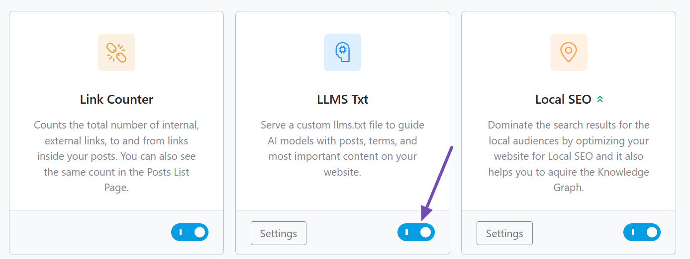 Screenshot of Rank Math plugin showing LLMs.txt feature toggle in WordPress settings”