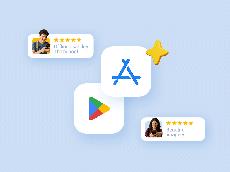 Five-star user reviews highlighting offline usability and beautiful plant imagery.