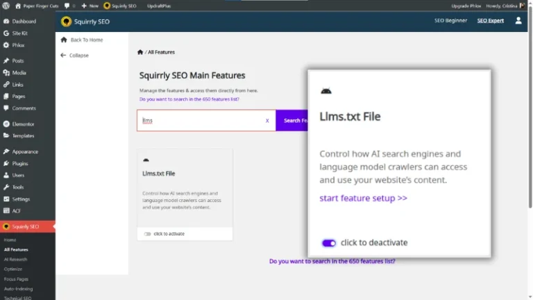 Squirrly SEO dashboard displaying option to activate LLMs.txt file feature