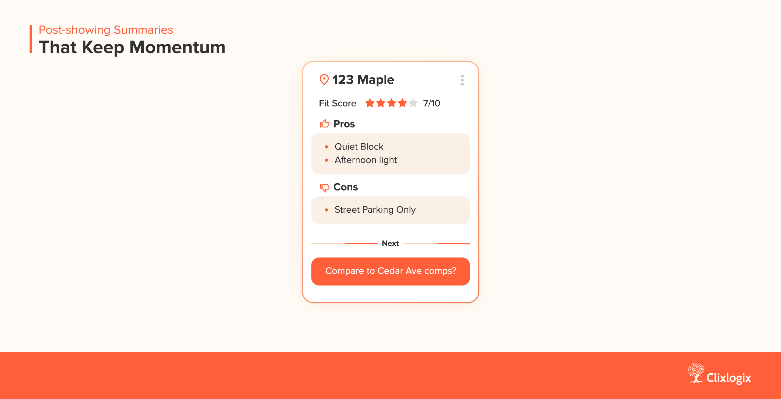 AI for real estate creating post-showing summaries with property scores and buyer pros-cons.