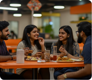 Clixlogix's employees having a good time chatting while having snacks at the office
