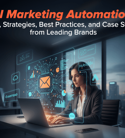 Businesswoman using AI marketing automation tools like HubSpot, Zoho Zia, and Google Ads on her laptop.