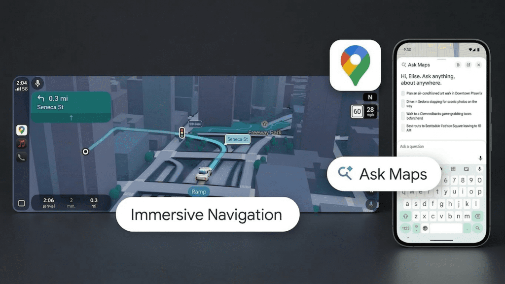 mmersive Navigation 3D street view with building highlights and turn guidance