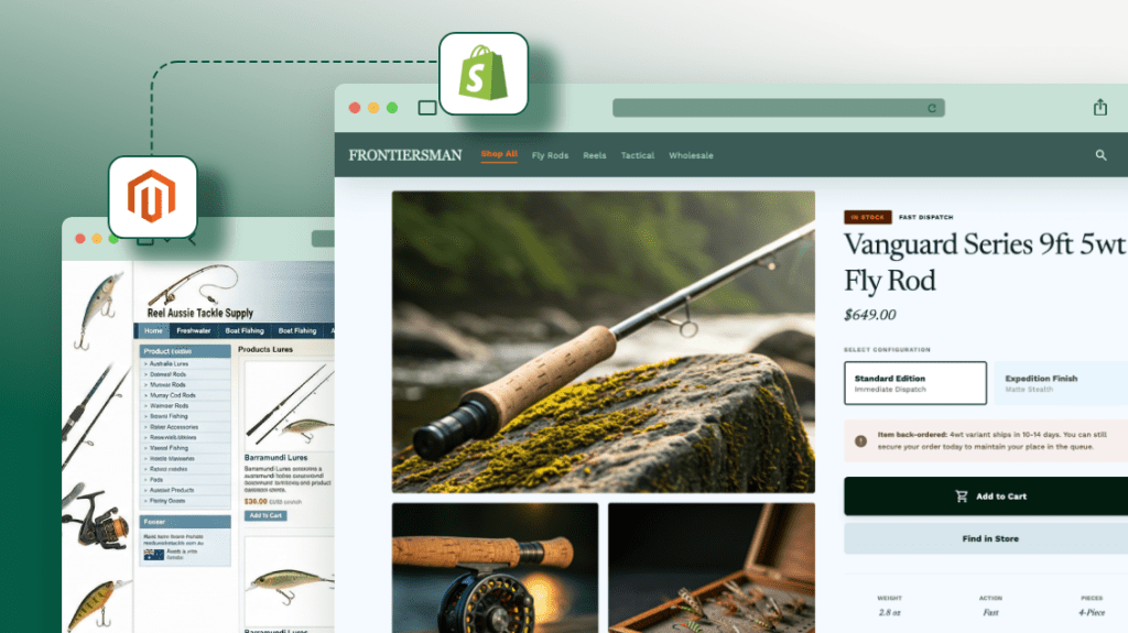 Magento to Shopify migration for fly fishing ecommerce store with modern product page design