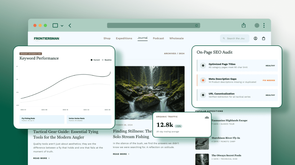 On-page SEO audit and keyword performance showing up for fly fishing retailer content strategy