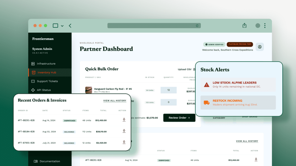 Magento wholesale partner dashboard with bulk orders, invoices, and stock alerts for fishing tackle store