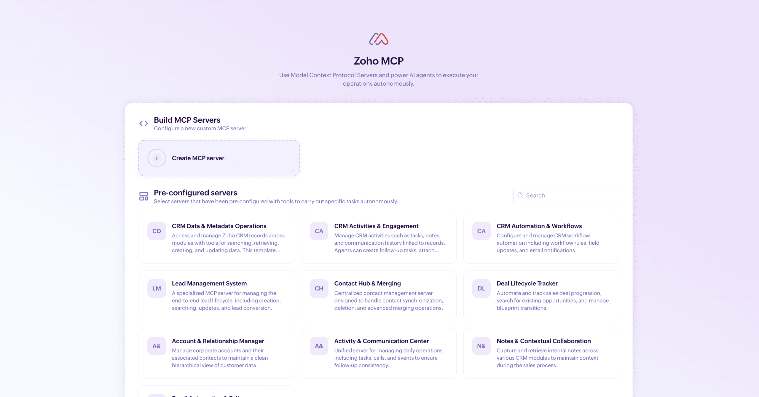 Zoho MCP dashboard with Build MCP Servers section and pre-configured Zoho CRM server options
