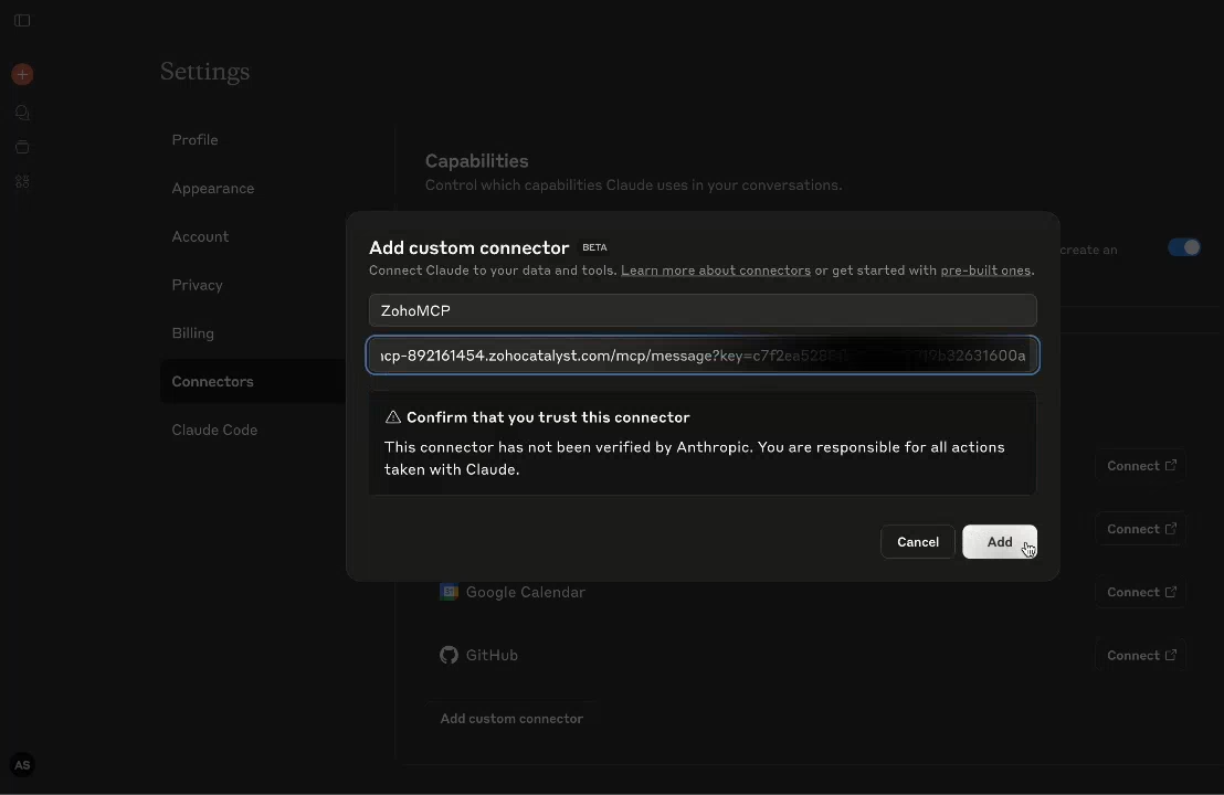 Add custom connector popup in Claude with Zoho MCP name and MCP URL entered