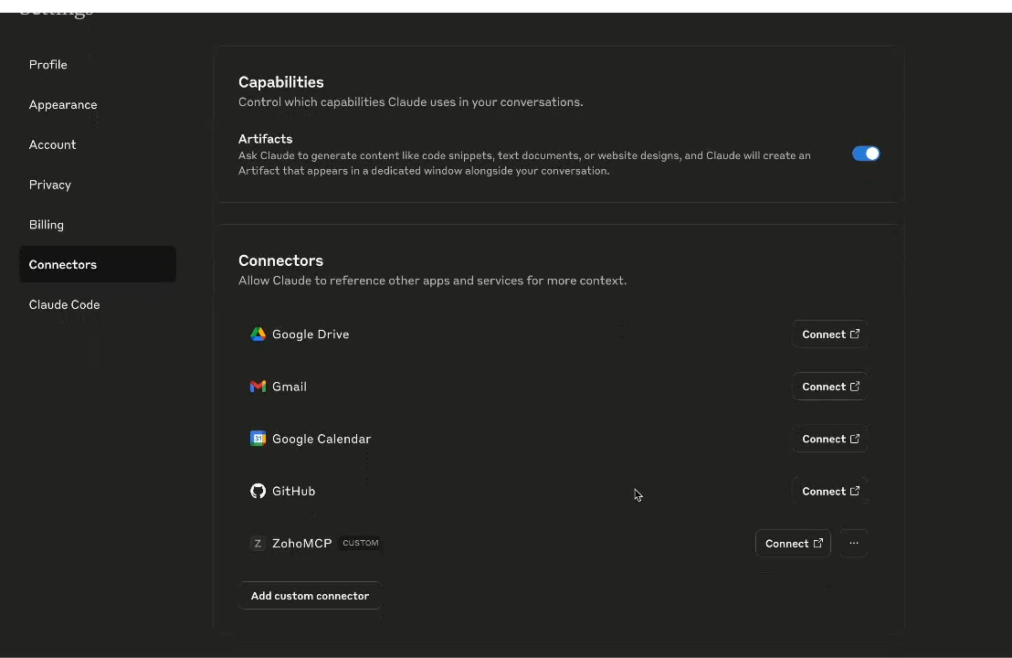 Claude Connectors page showing ZohoMCP custom connector added successfully