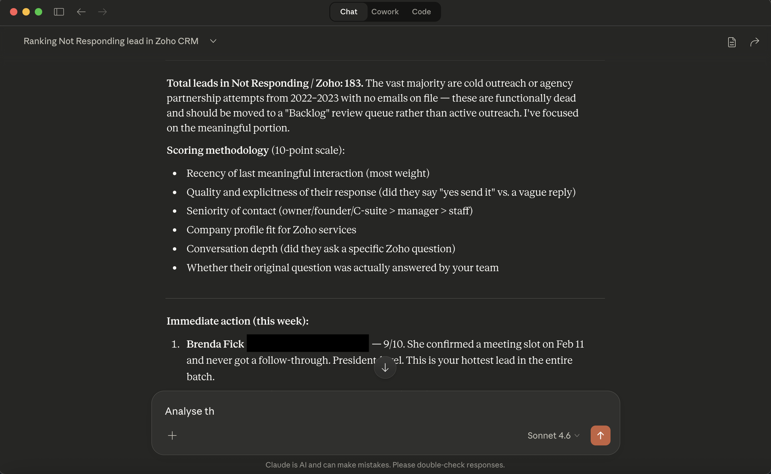 Claude analysis of Zoho CRM leads with scoring methodology and contact priority recommendations